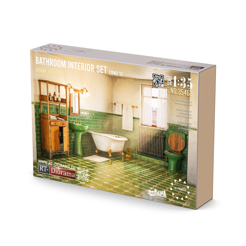 Bathroom Interior Set 1940’s 1/35 – 3D Printed Diorama Furniture Set – product image