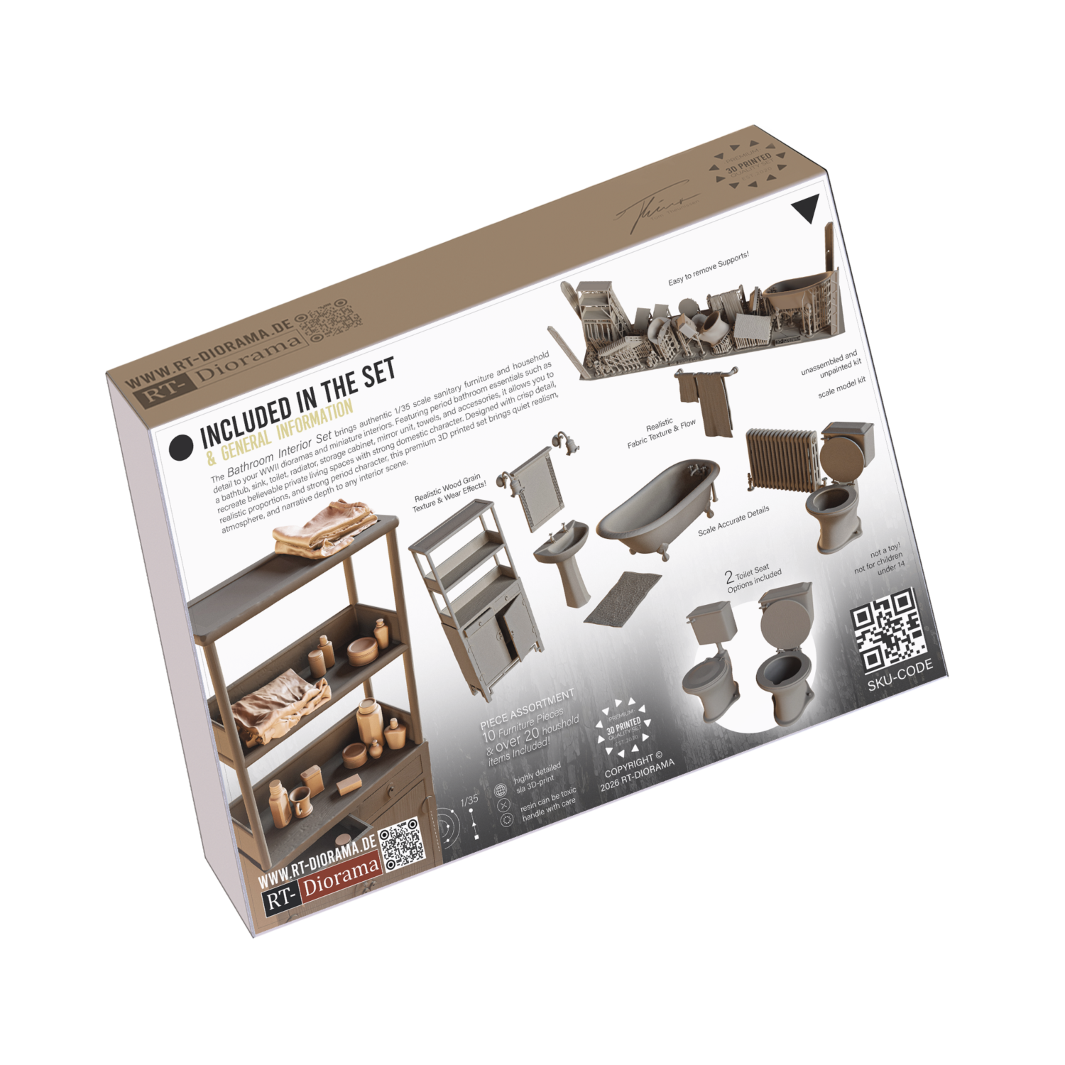 Bathroom Interior Set 1940’s 1/35 – 3D Printed Diorama Furniture Set – product image