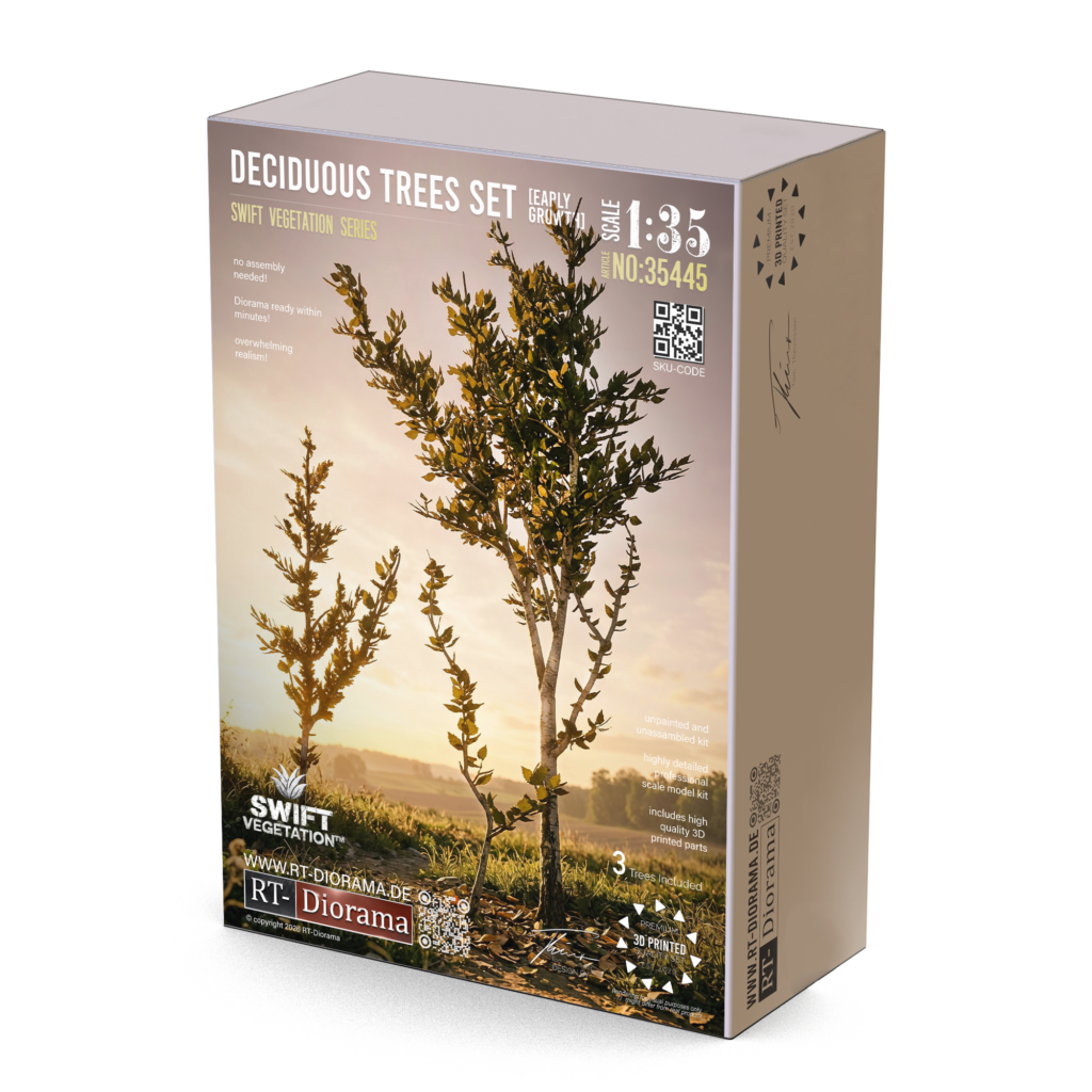 RT-Diorama Deciduous Trees Set Early Growth, 1/35 scale – product box, article 35445