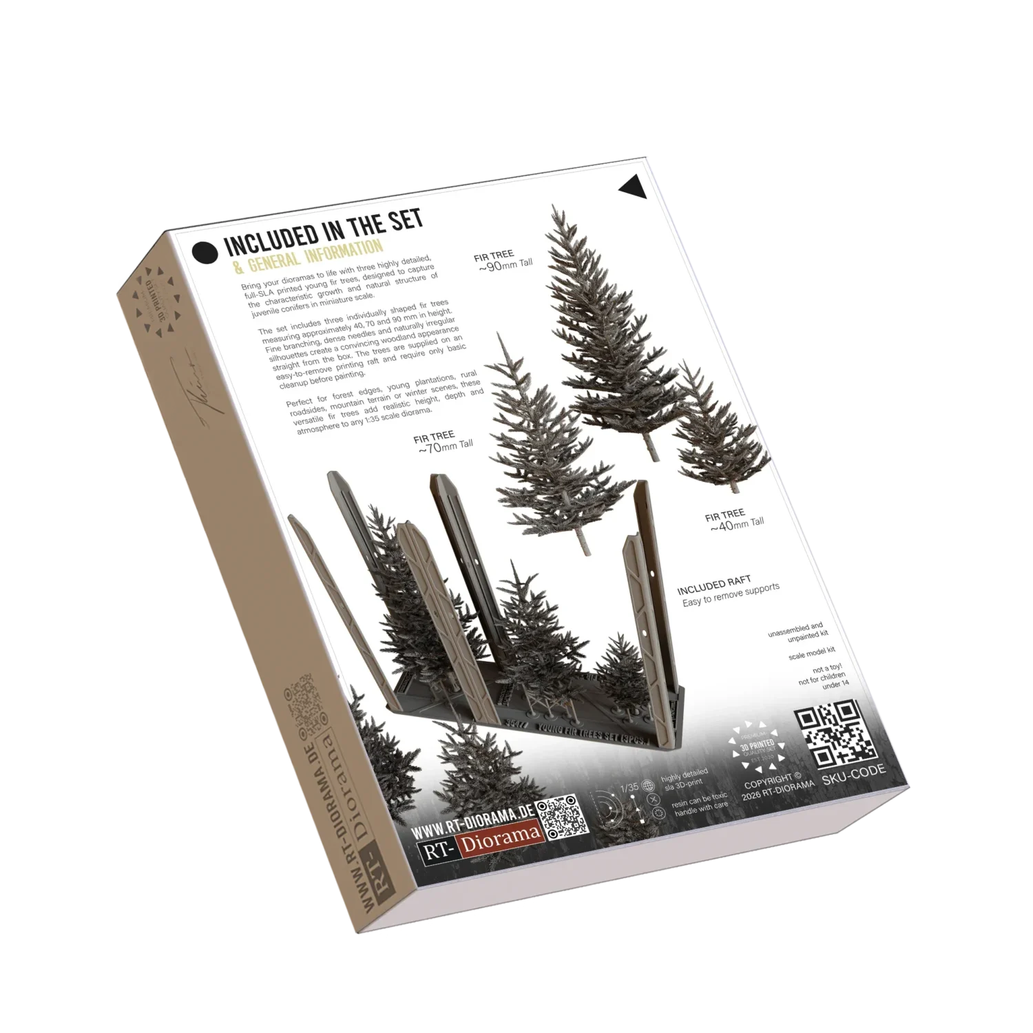 RT-Diorama Young Fir Trees set, 1/35 scale – back of the box showing three trees and printing supports, article 35477